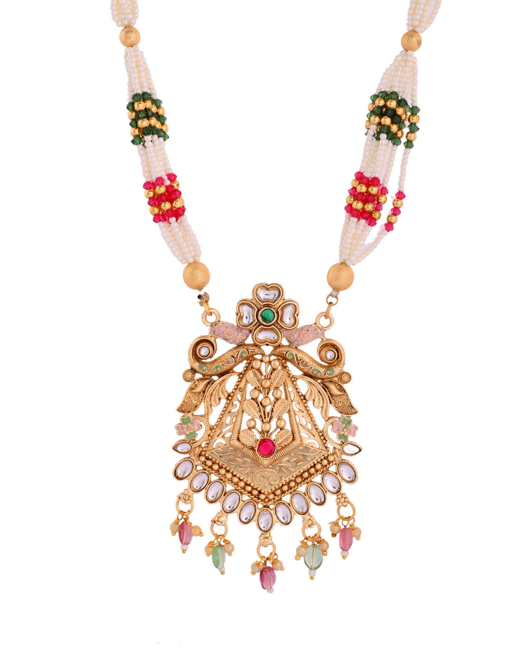 VOJ Gold Polished Designer Long Necklace With Earrings Set