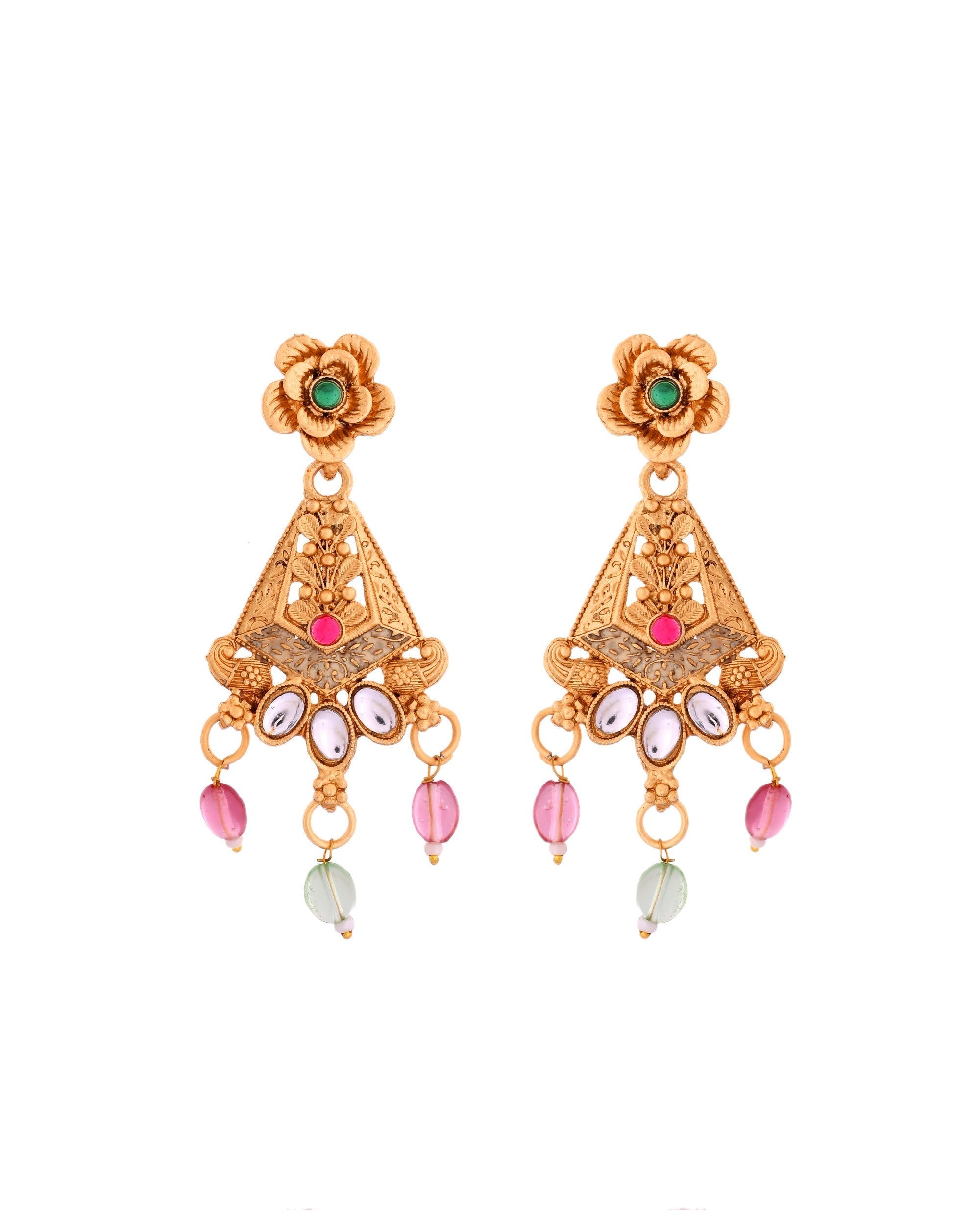 VOJ Gold Polished Designer Long Necklace With Earrings Set
