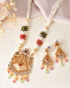 VOJ Gold Polished Designer Long Necklace With Earrings Set