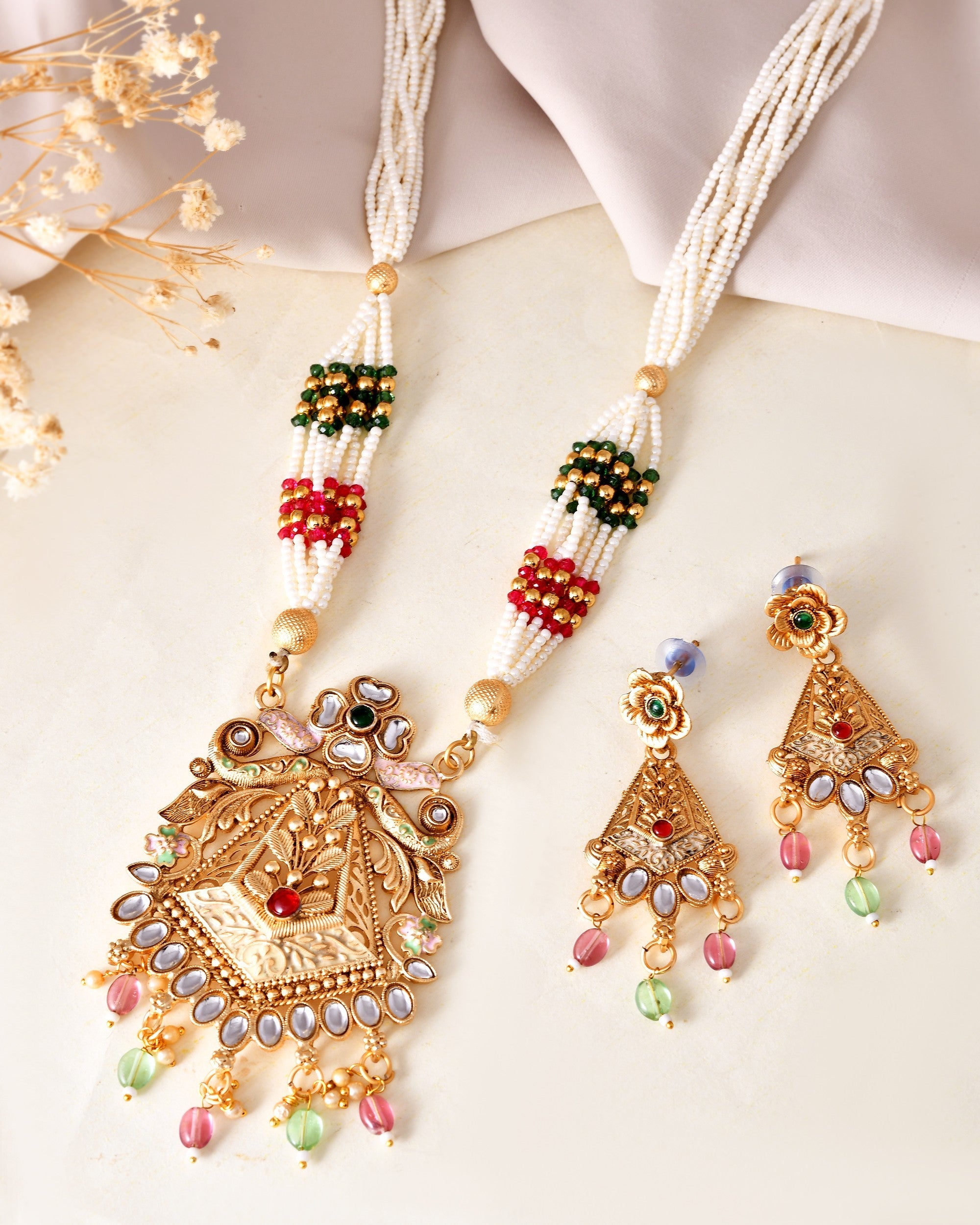 VOJ Gold Polished Designer Long Necklace With Earrings Set