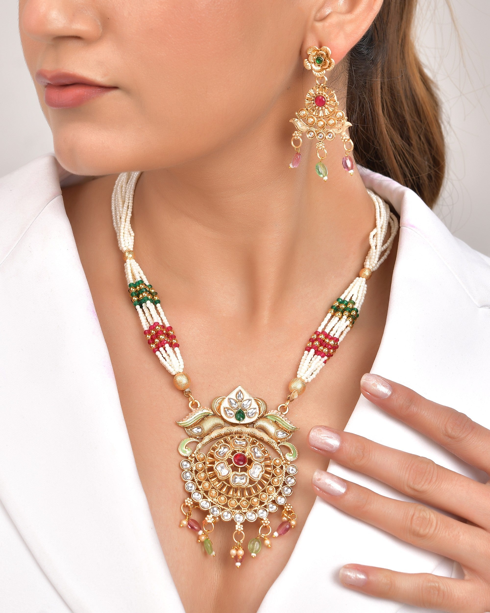 VOJ Gold Polished Traditional Long Necklace With Earrings Set