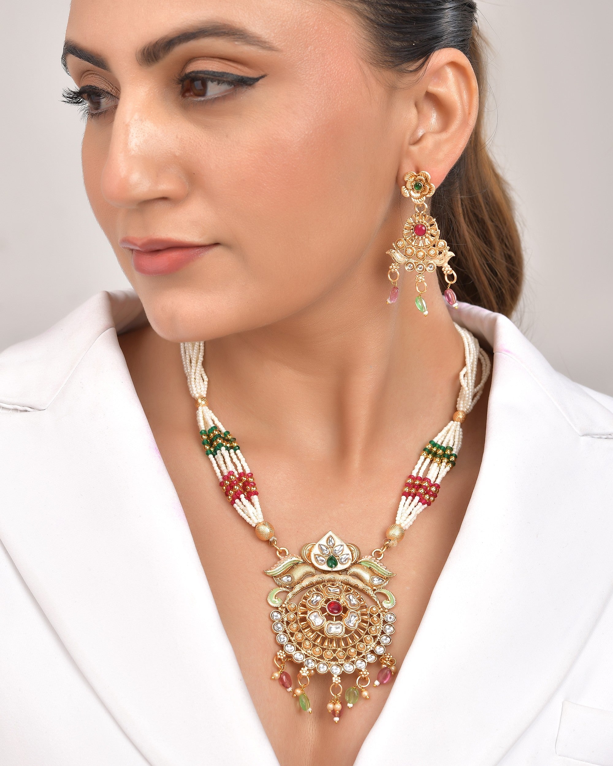 VOJ Gold Polished Traditional Long Necklace With Earrings Set