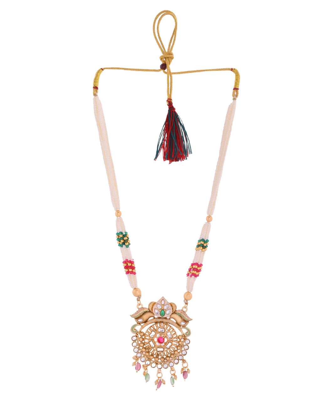 VOJ Gold Polished Traditional Long Necklace With Earrings Set