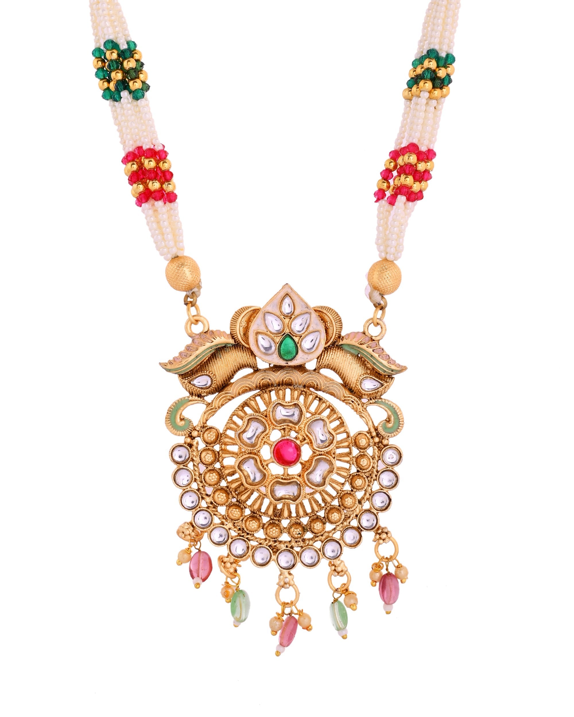 VOJ Gold Polished Traditional Long Necklace With Earrings Set