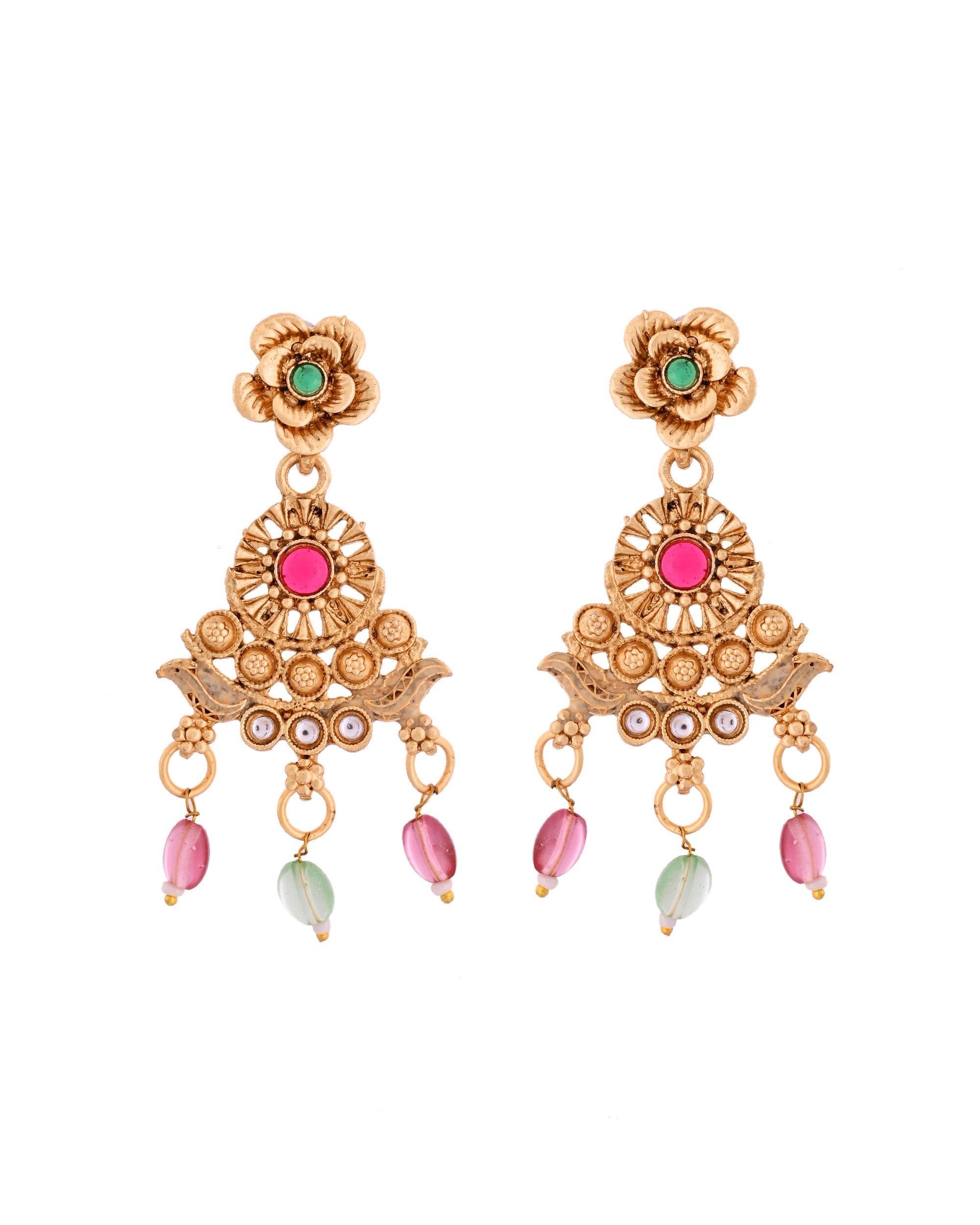 VOJ Gold Polished Traditional Long Necklace With Earrings Set