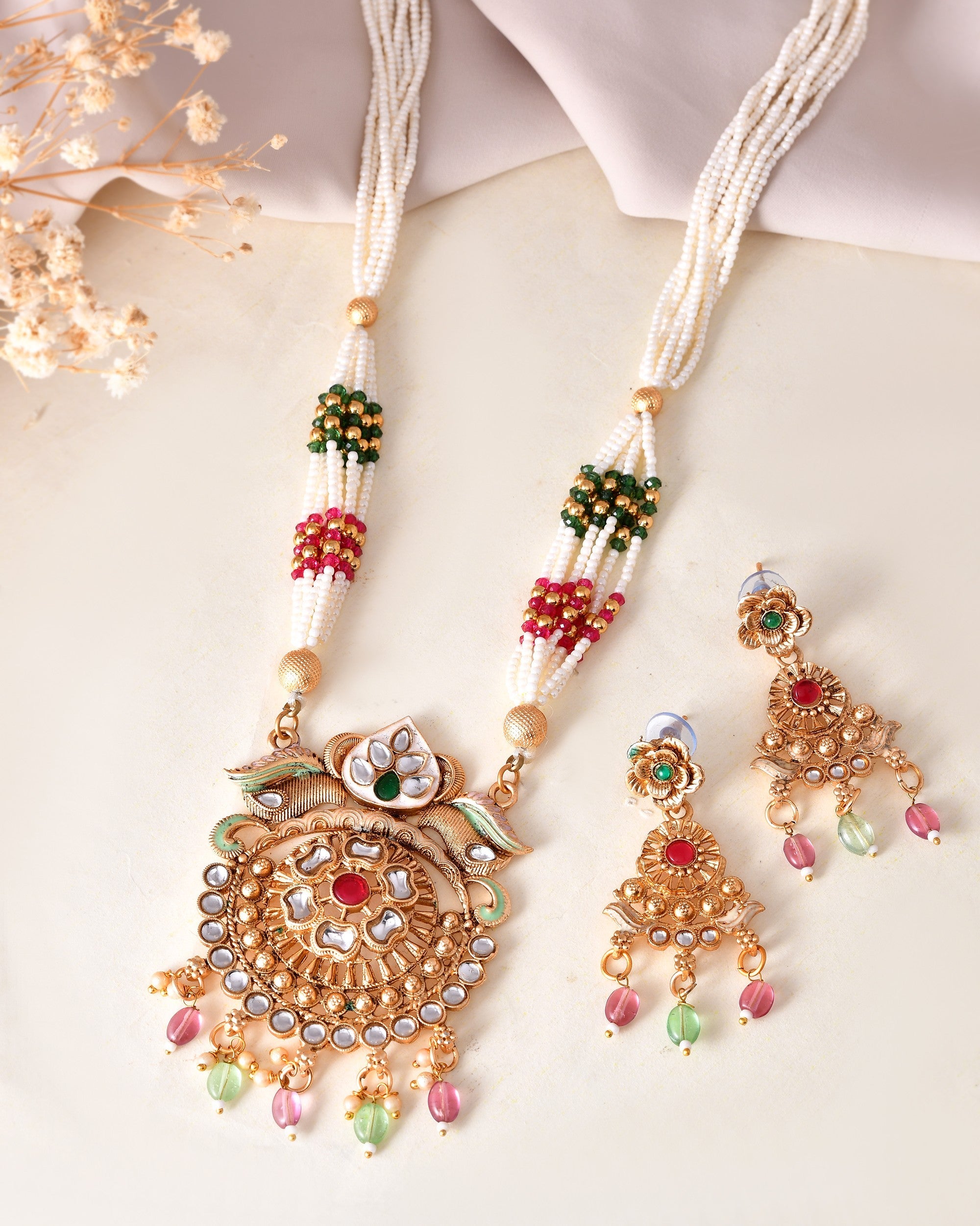 VOJ Gold Polished Traditional Long Necklace With Earrings Set