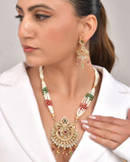 VOJ Gold Polished Traditional Circular Shaped Long Necklace With Earrings Set
