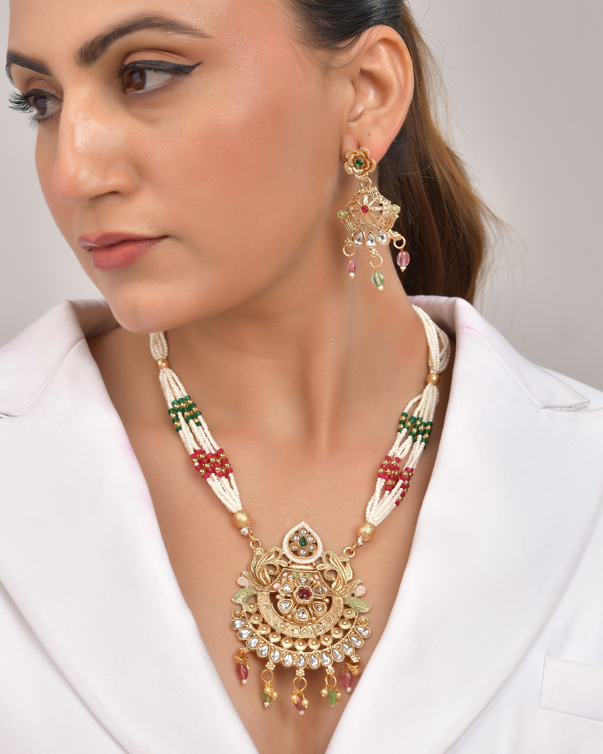 VOJ Gold Polished Traditional Circular Shaped Long Necklace With Earrings Set