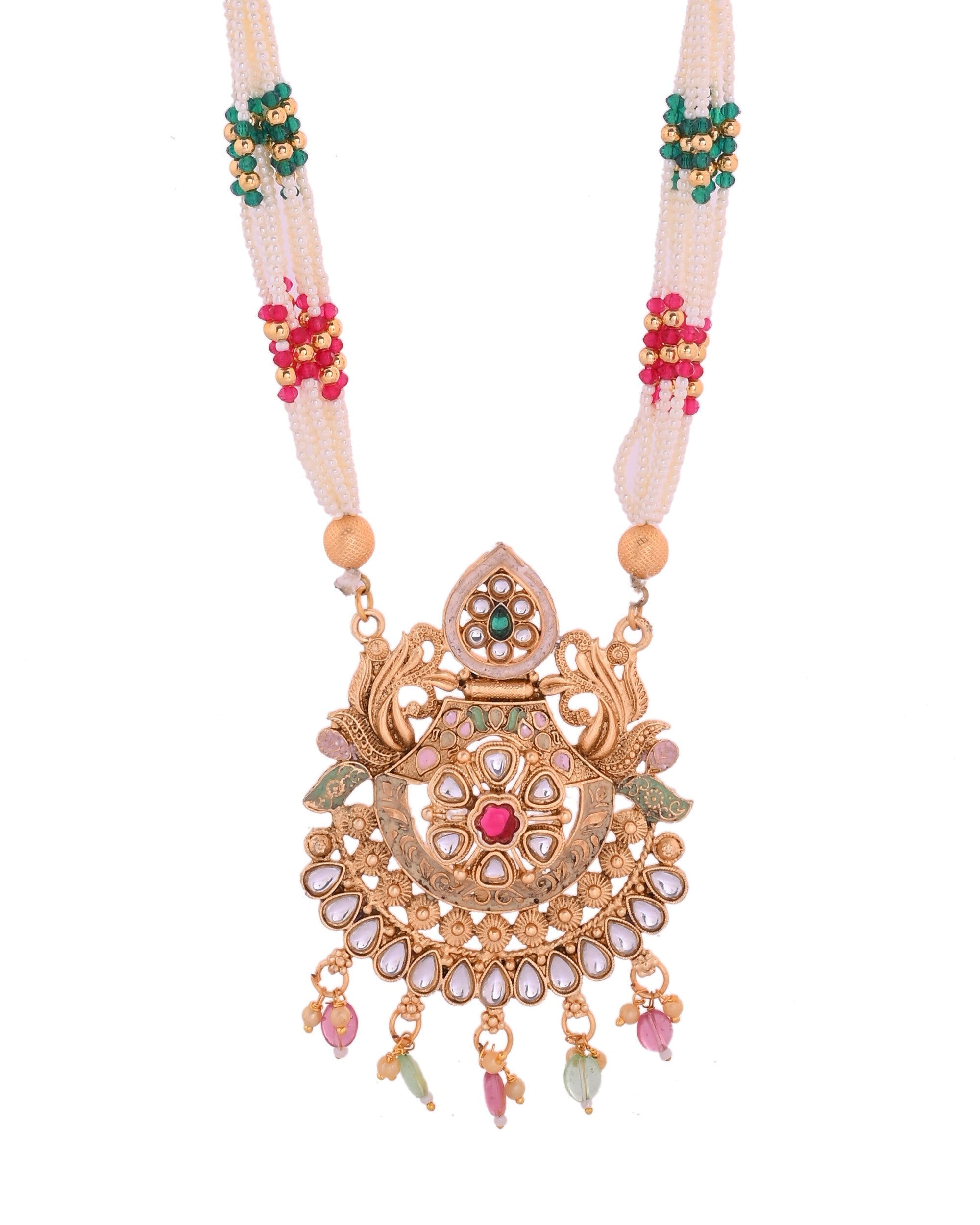 VOJ Gold Polished Traditional Circular Shaped Long Necklace With Earrings Set