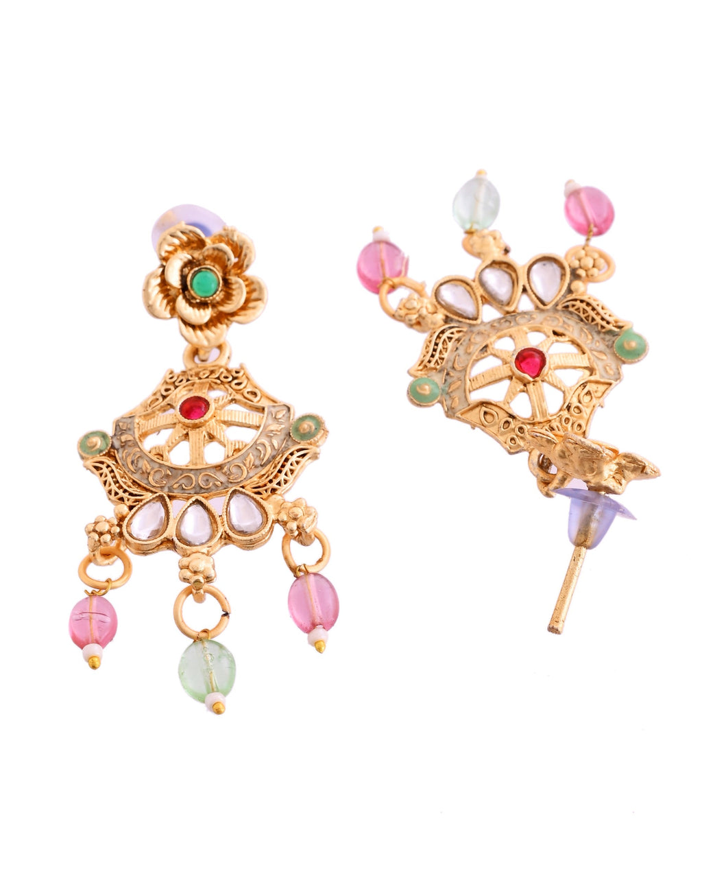 VOJ Gold Polished Traditional Circular Shaped Long Necklace With Earrings Set