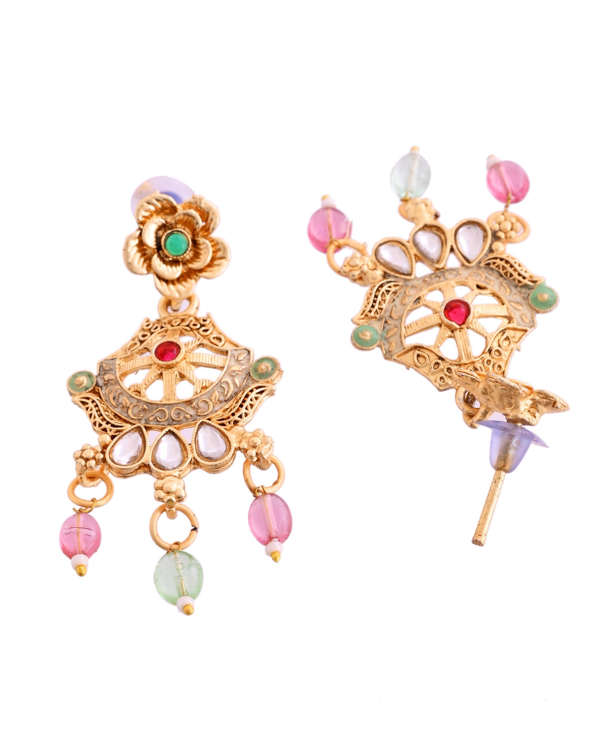 VOJ Gold Polished Traditional Circular Shaped Long Necklace With Earrings Set