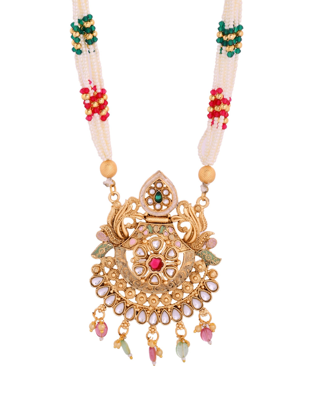VOJ Gold Polished Traditional Circular Shaped Long Necklace With Earrings Set