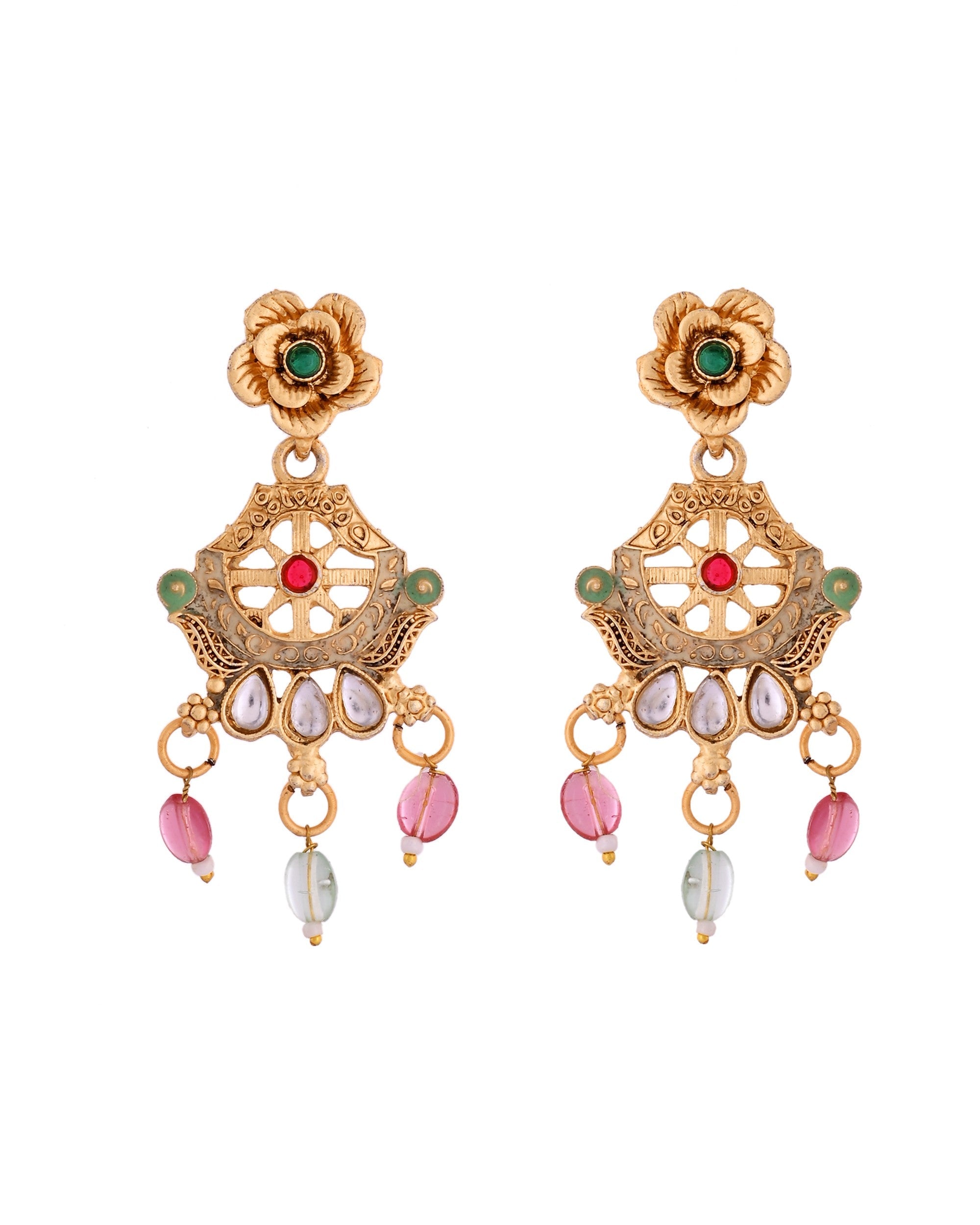 VOJ Gold Polished Traditional Circular Shaped Long Necklace With Earrings Set