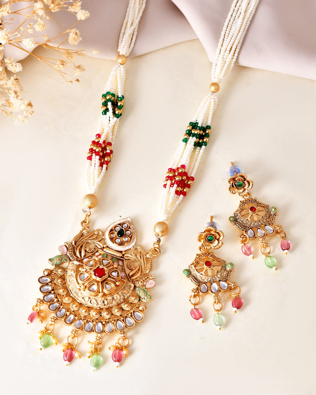 VOJ Gold Polished Traditional Circular Shaped Long Necklace With Earrings Set