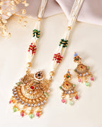 VOJ Gold Polished Traditional Circular Shaped Long Necklace With Earrings Set