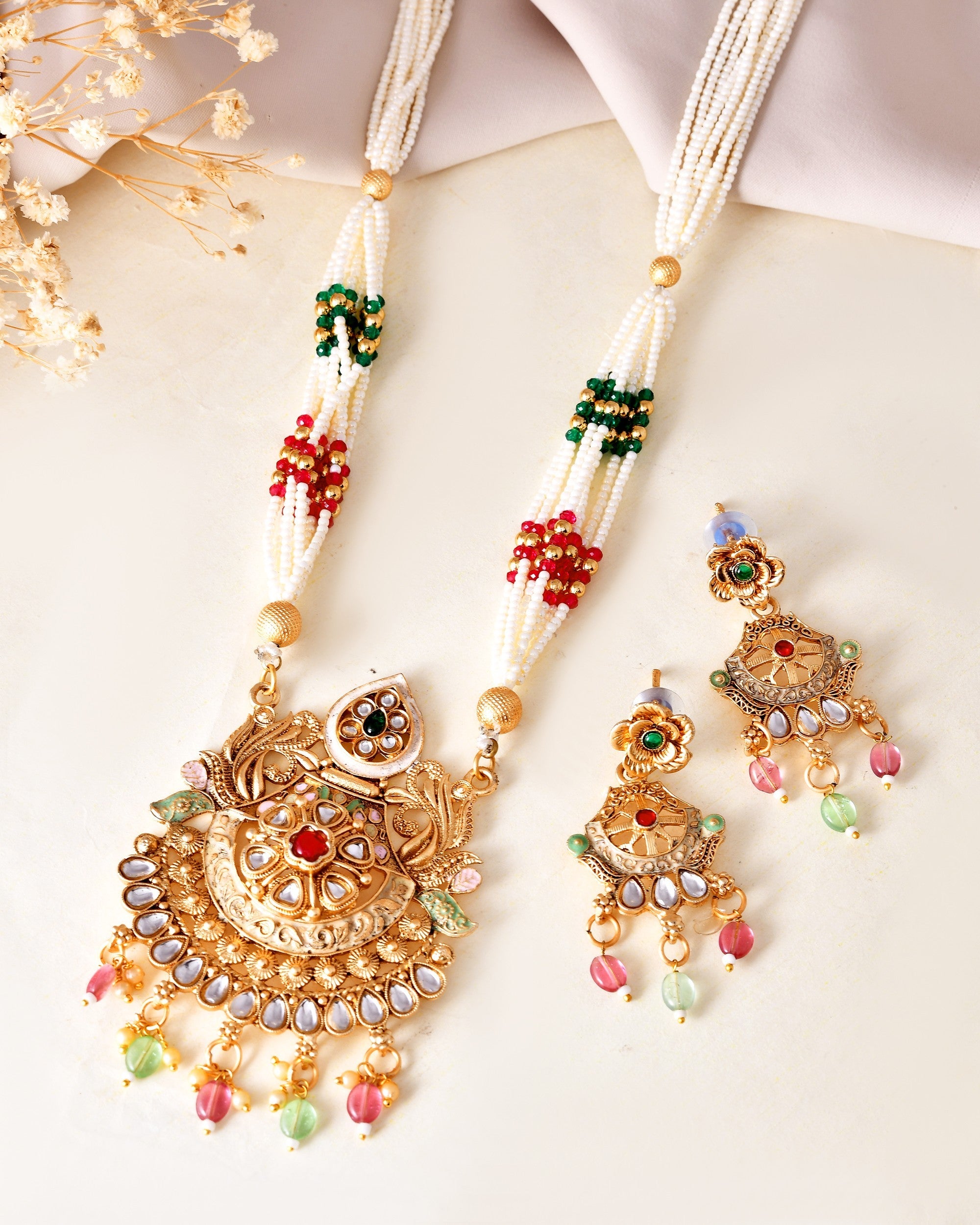 VOJ Gold Polished Traditional Circular Shaped Long Necklace With Earrings Set
