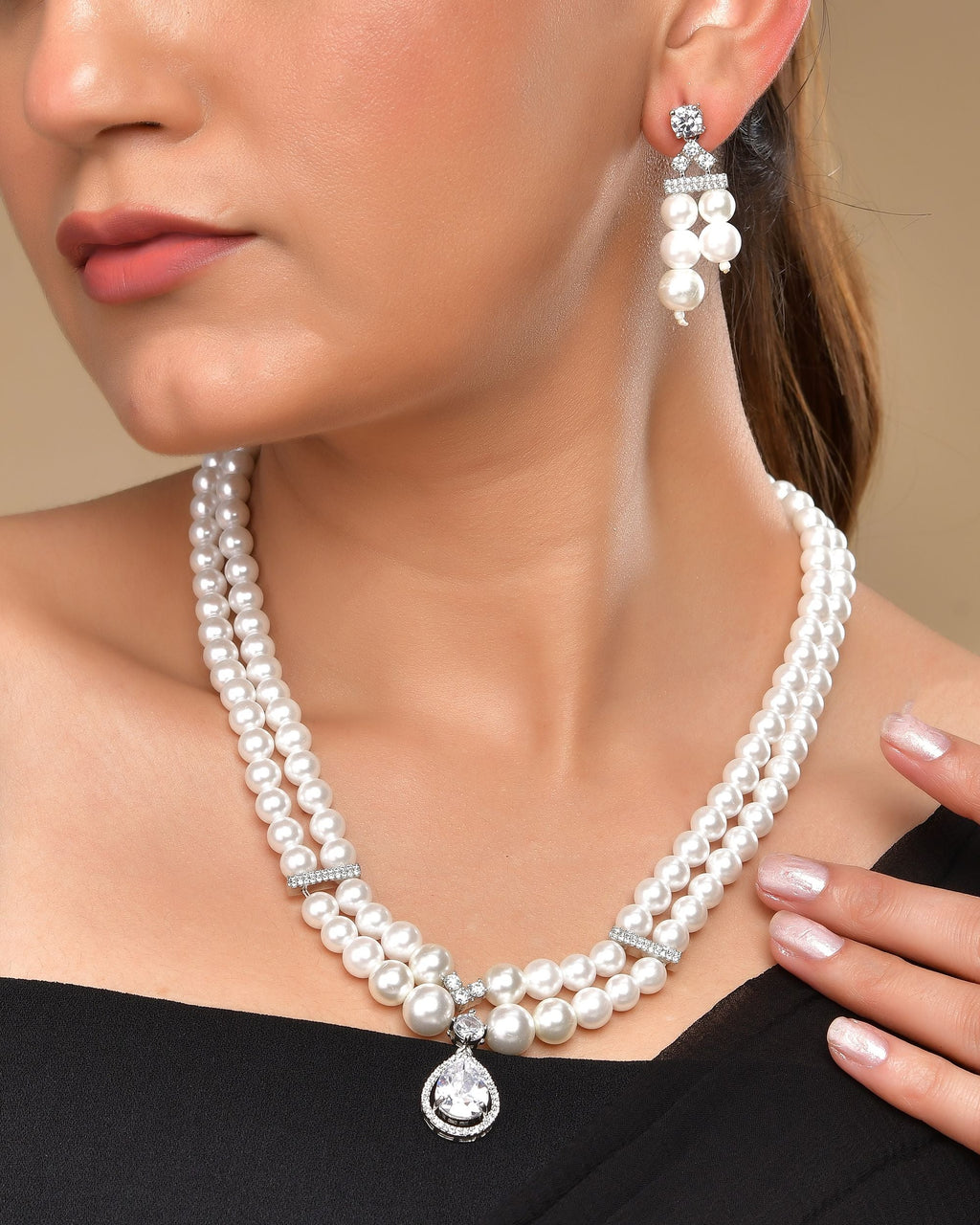 VOJ Silver Plated Pearl & Ad Studded Designer Jewellery Set - Distacart