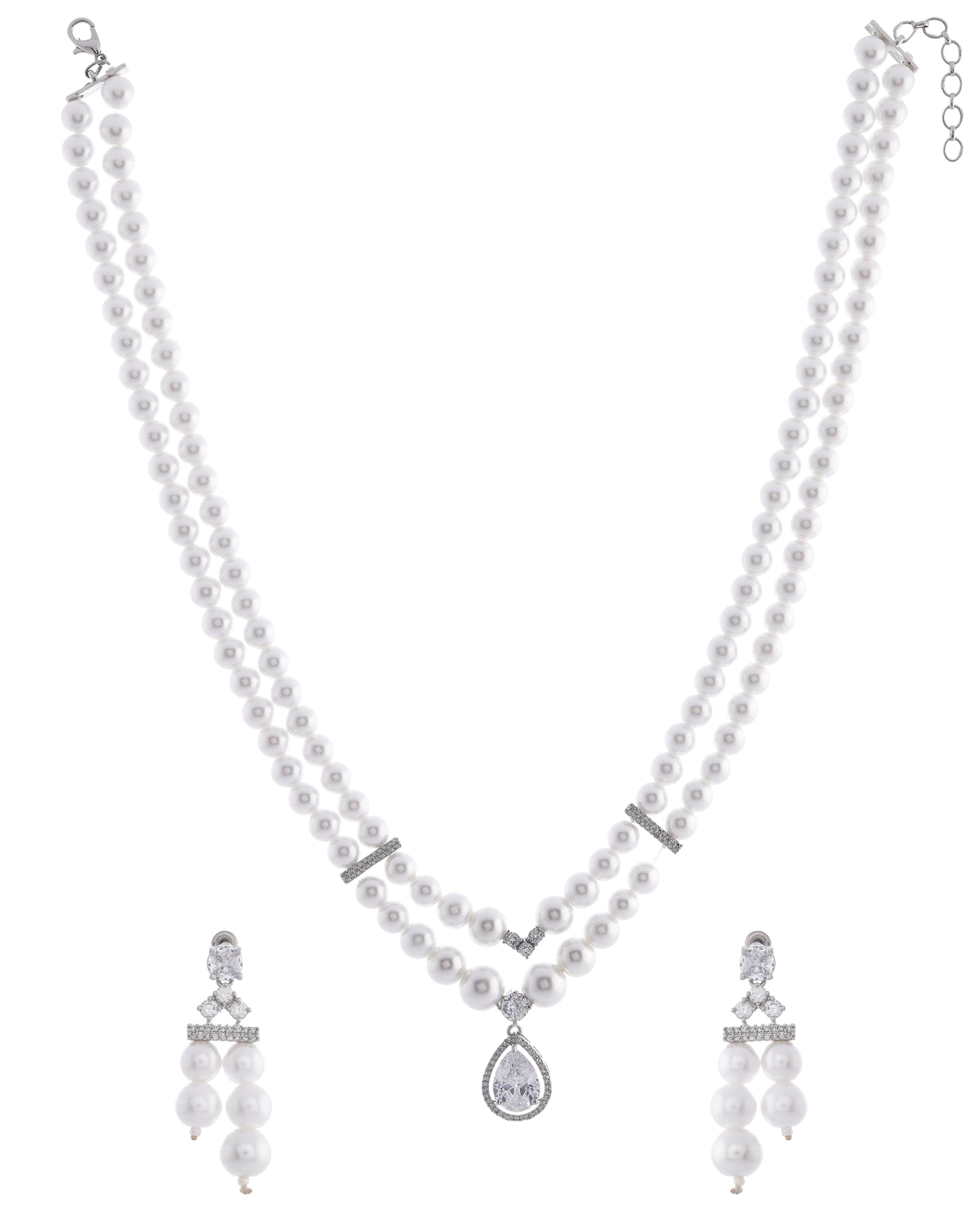 VOJ Silver Plated Pearl & Ad Studded Designer Jewellery Set - Distacart