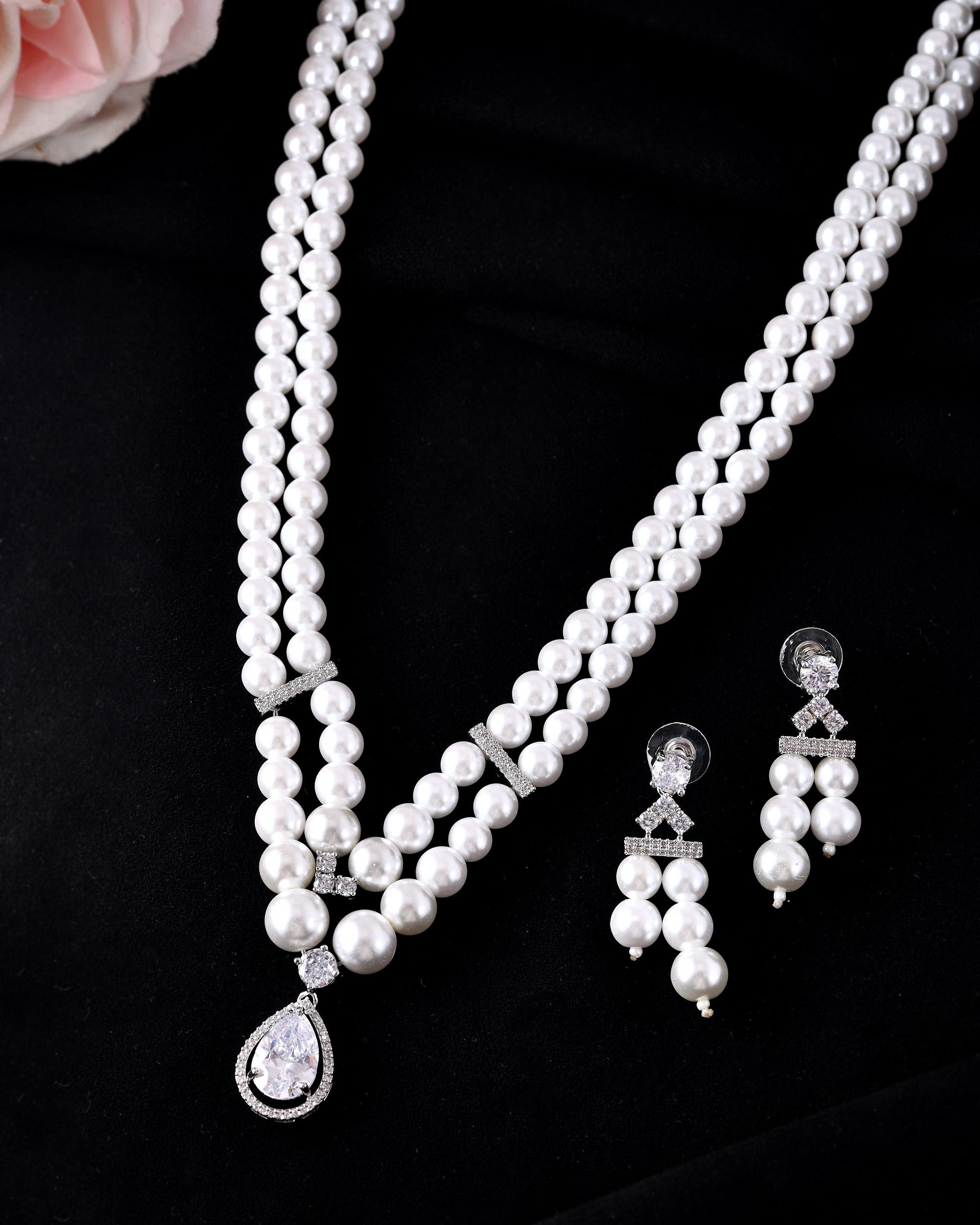 VOJ Silver Plated Pearl & Ad Studded Designer Jewellery Set - Distacart