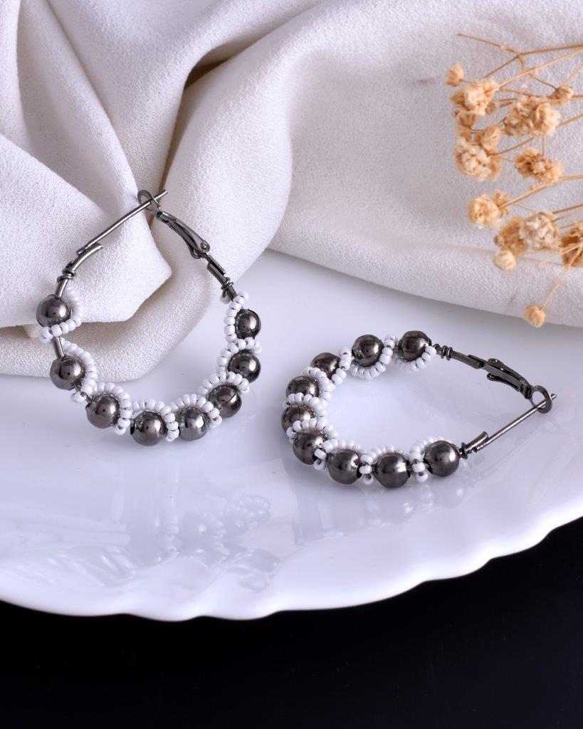 VOJ White Pearl With Silver Bead Hoop Earrings - Distacart