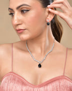 VOJ Silver Plated Black Teardrop Stone Studded Simple Jewellery Set