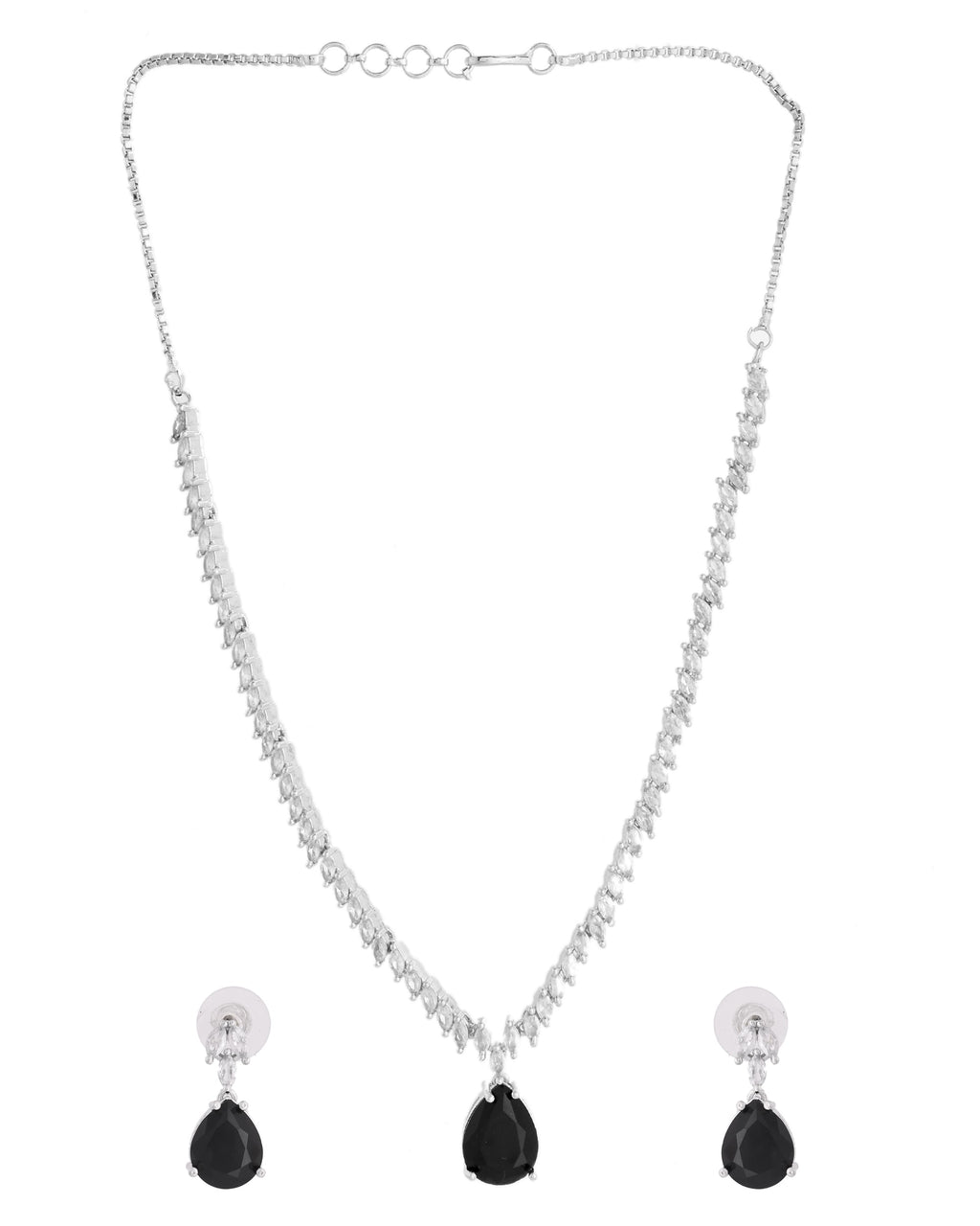 VOJ Silver Plated Black Teardrop Stone Studded Simple Jewellery Set