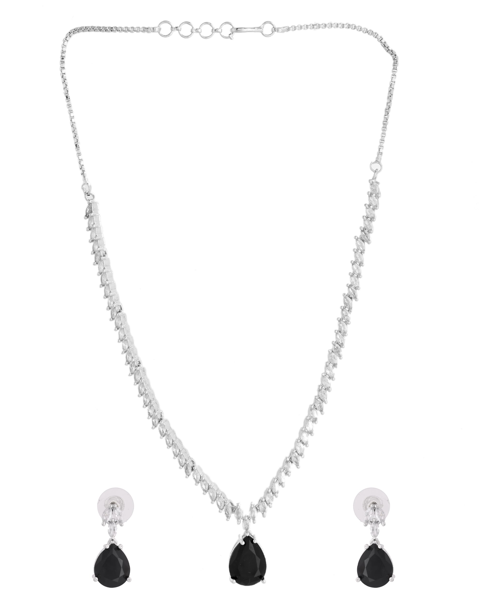VOJ Silver Plated Black Teardrop Stone Studded Simple Jewellery Set
