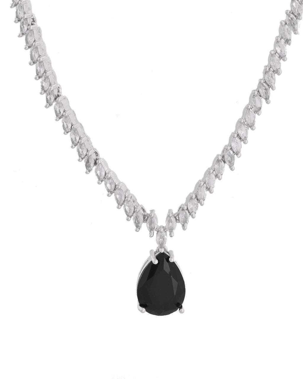 VOJ Silver Plated Black Teardrop Stone Studded Simple Jewellery Set