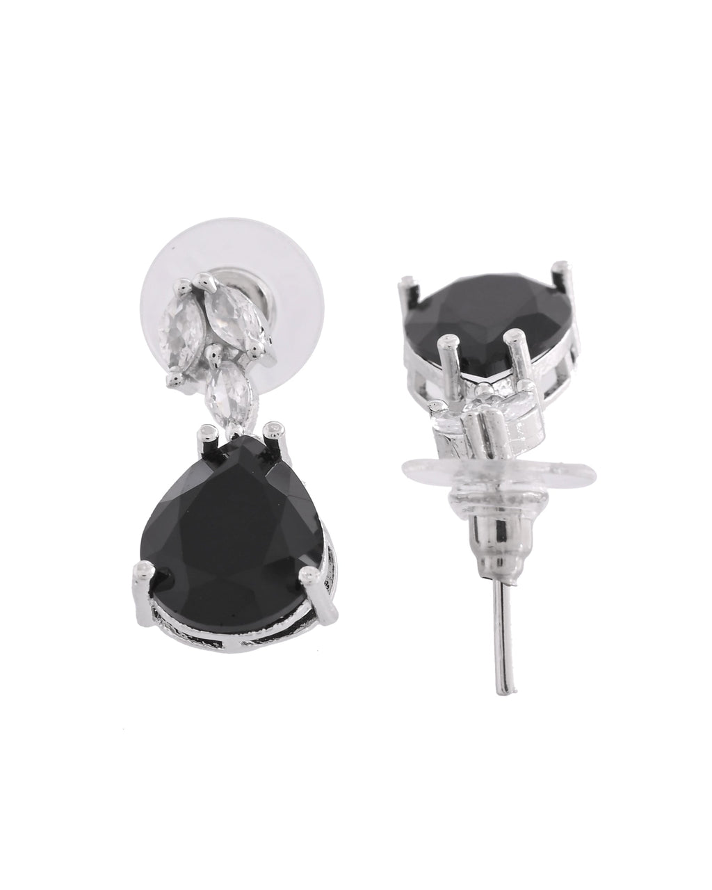 VOJ Silver Plated Black Teardrop Stone Studded Simple Jewellery Set
