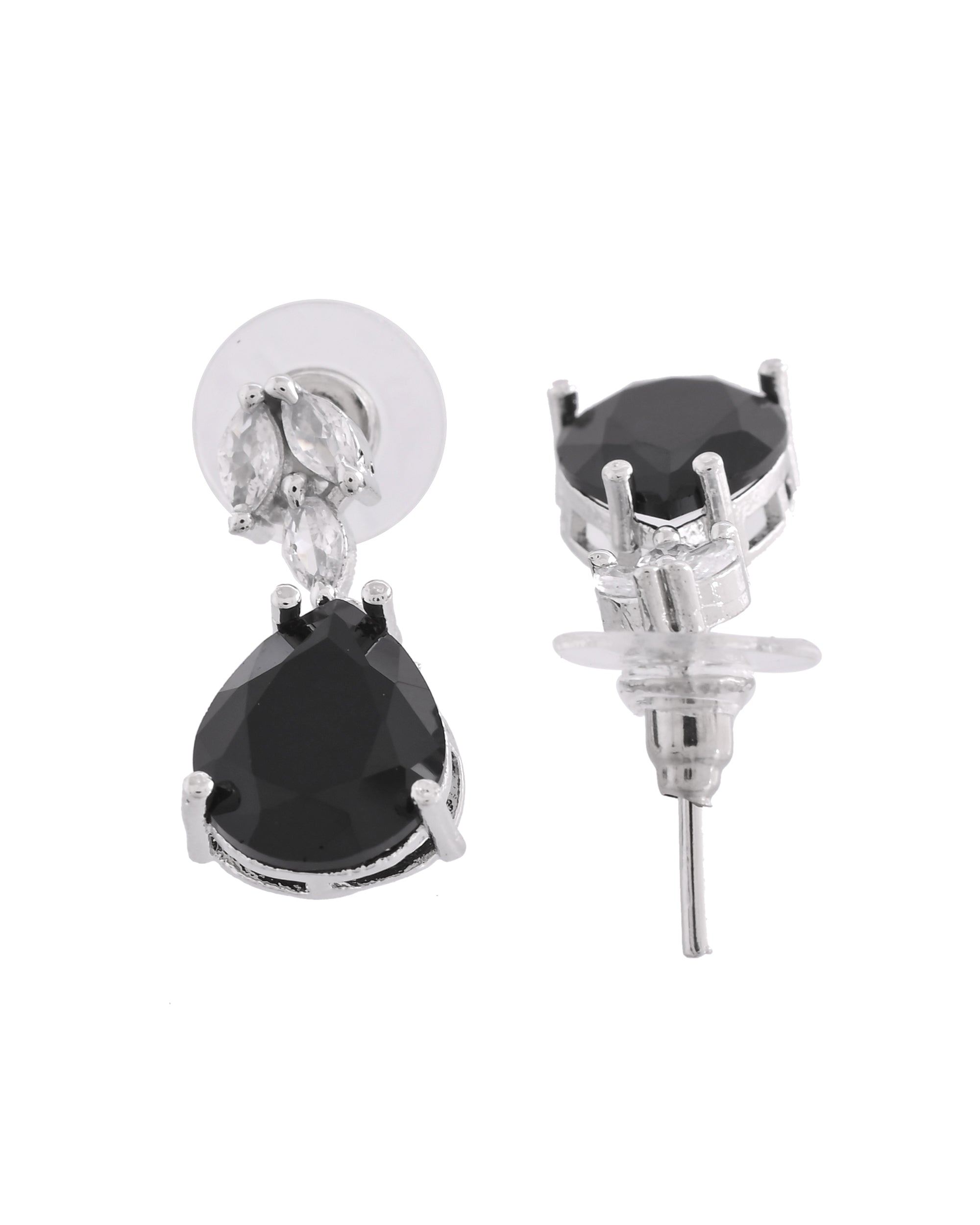 VOJ Silver Plated Black Teardrop Stone Studded Simple Jewellery Set