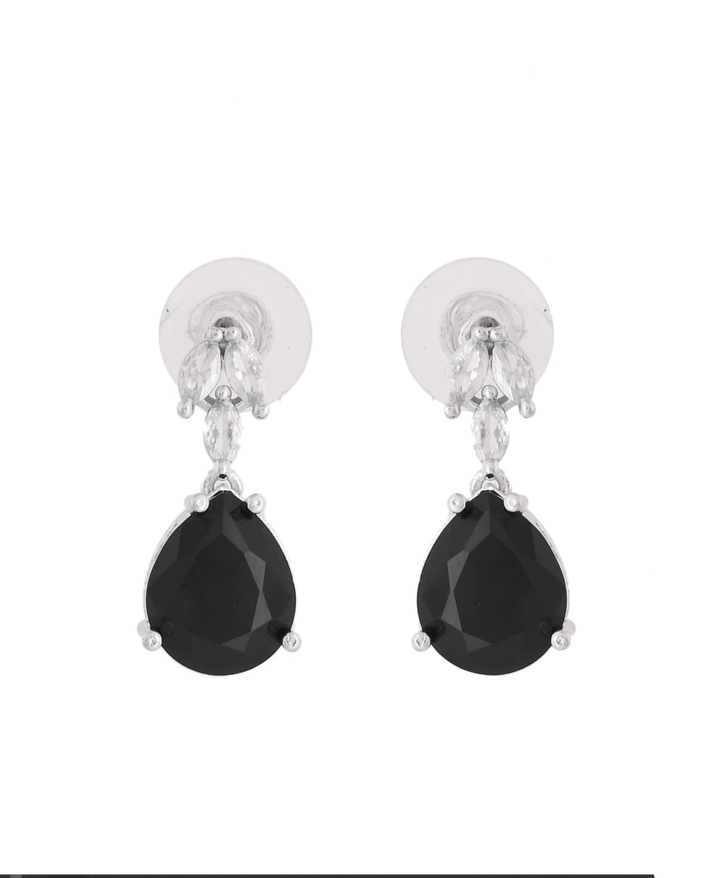 VOJ Silver Plated Black Teardrop Stone Studded Simple Jewellery Set