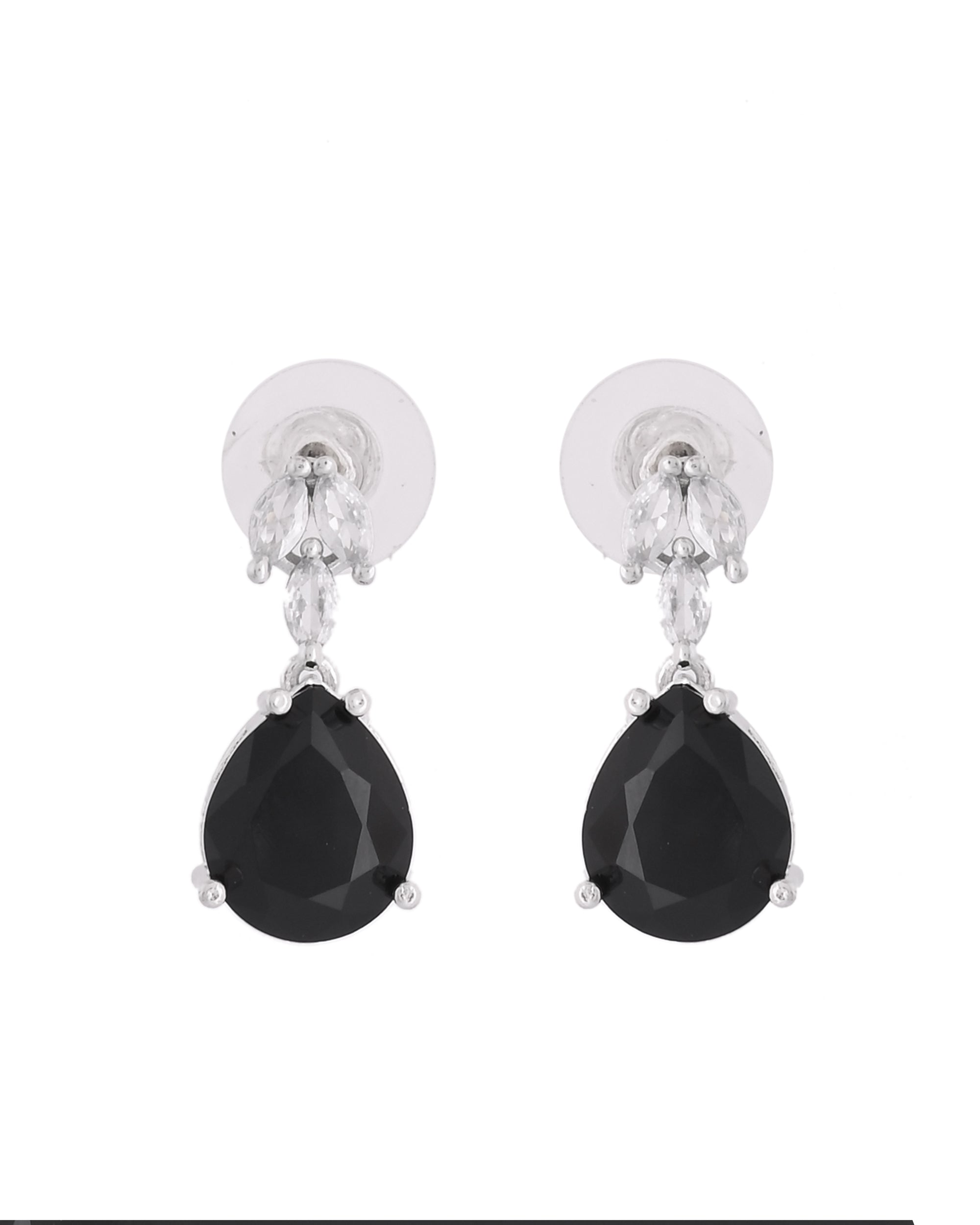 VOJ Silver Plated Black Teardrop Stone Studded Simple Jewellery Set