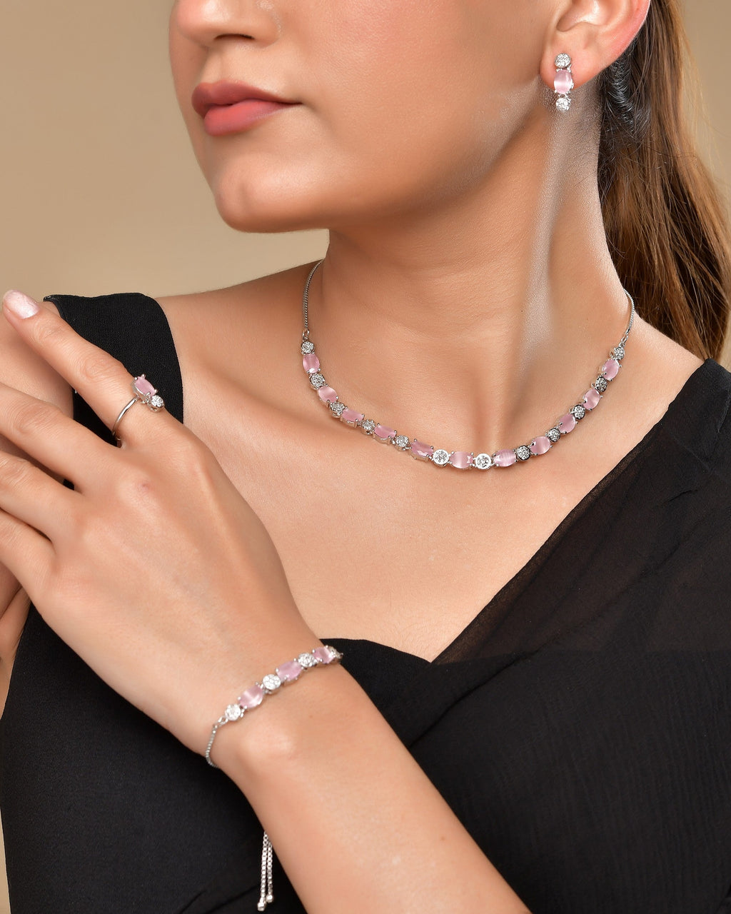 VOJ Silver Plated Baby Pink Stone Studded Necklace With Earrings, Ring And Bracelet Set