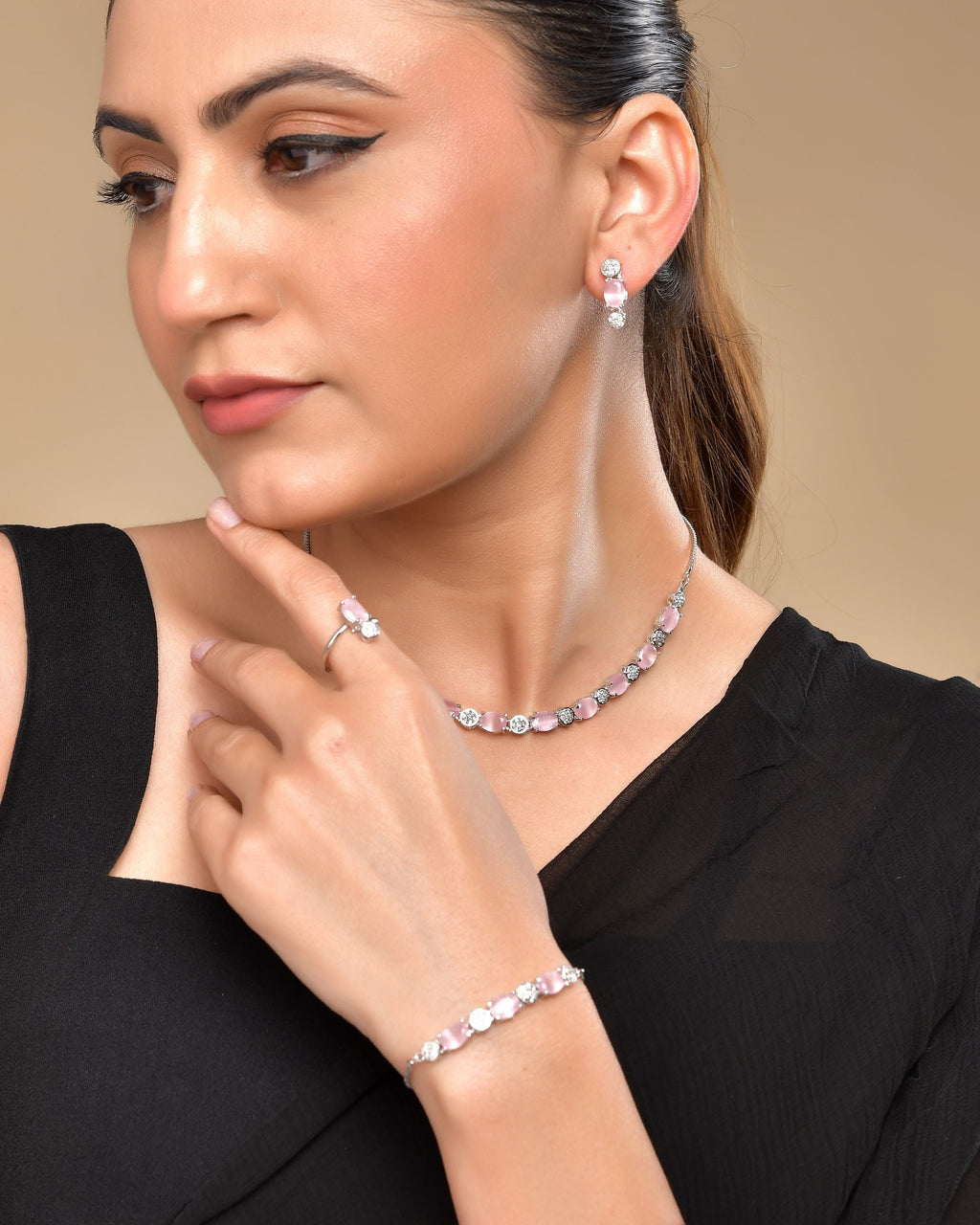 VOJ Silver Plated Baby Pink Stone Studded Necklace With Earrings, Ring And Bracelet Set