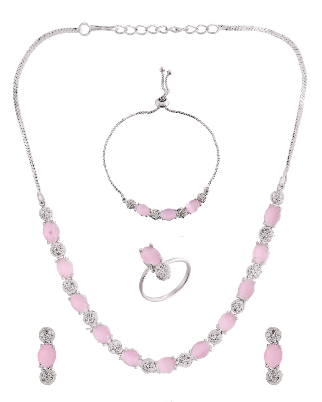 VOJ Silver Plated Baby Pink Stone Studded Necklace With Earrings, Ring And Bracelet Set