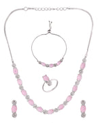 VOJ Silver Plated Baby Pink Stone Studded Necklace With Earrings, Ring And Bracelet Set
