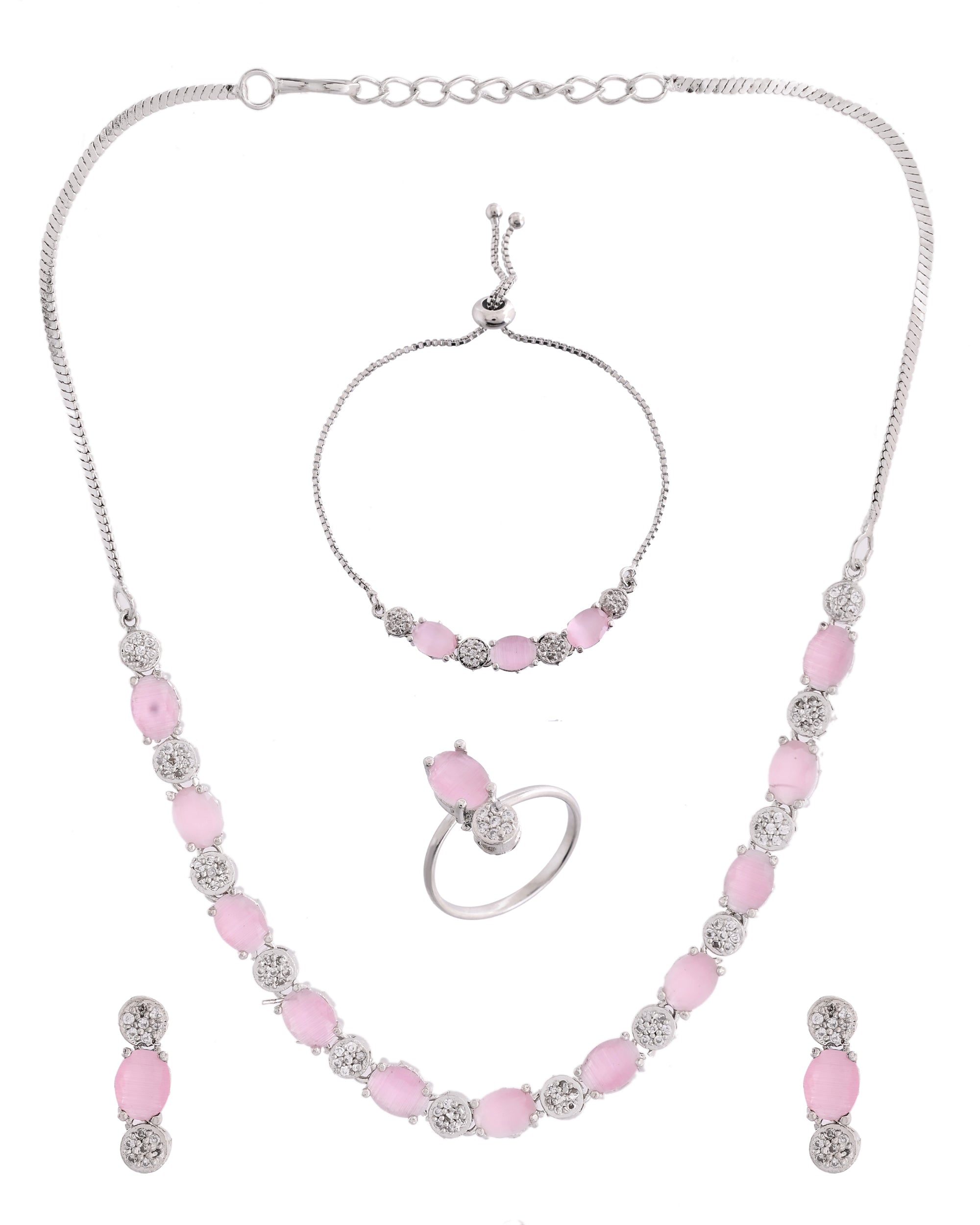 VOJ Silver Plated Baby Pink Stone Studded Necklace With Earrings, Ring And Bracelet Set