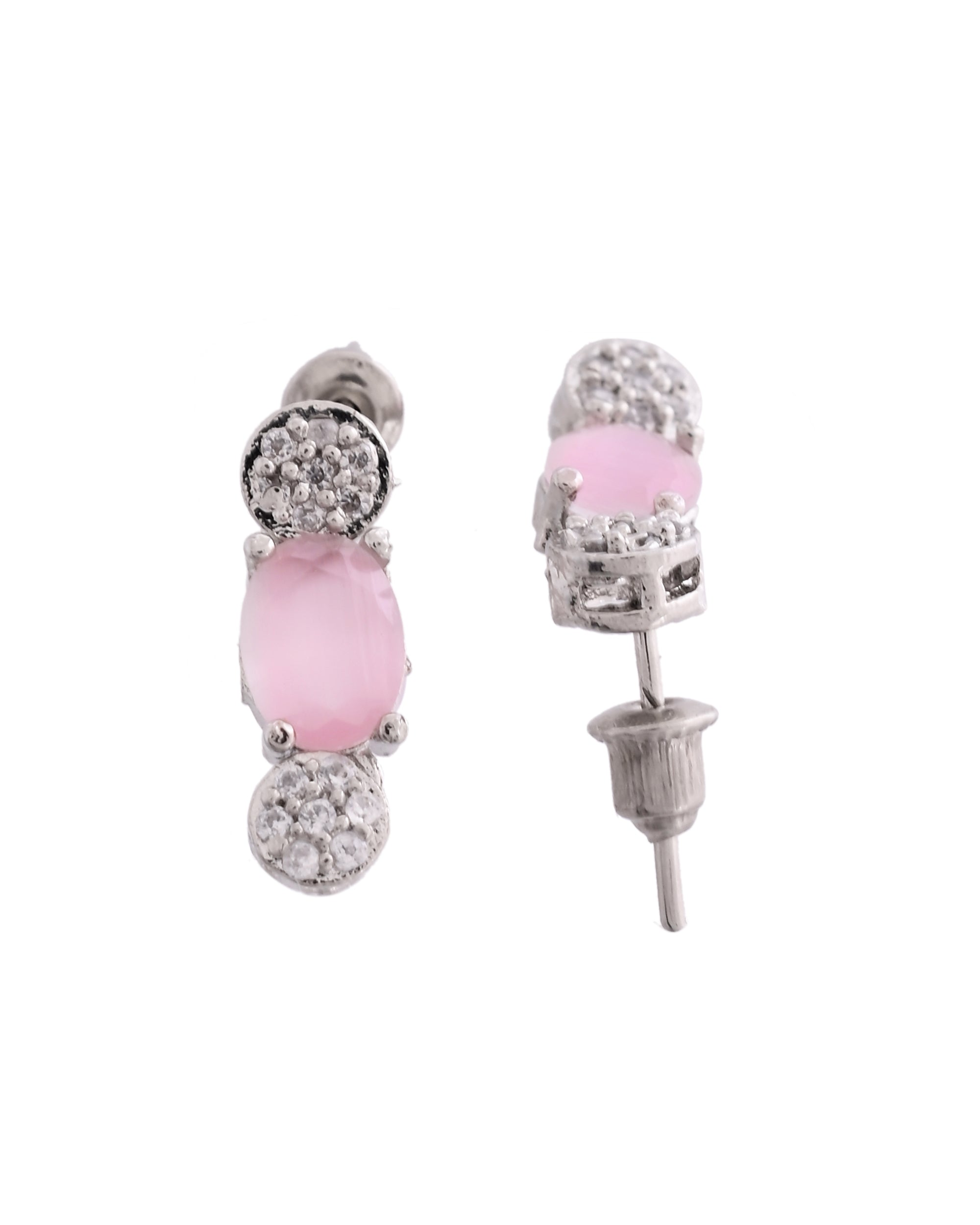 VOJ Silver Plated Baby Pink Stone Studded Necklace With Earrings, Ring And Bracelet Set