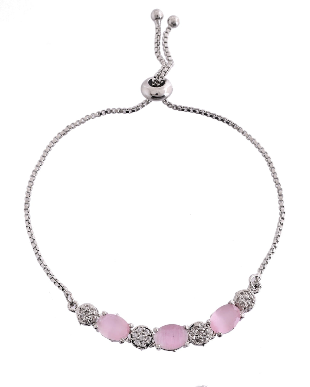 VOJ Silver Plated Baby Pink Stone Studded Necklace With Earrings, Ring And Bracelet Set