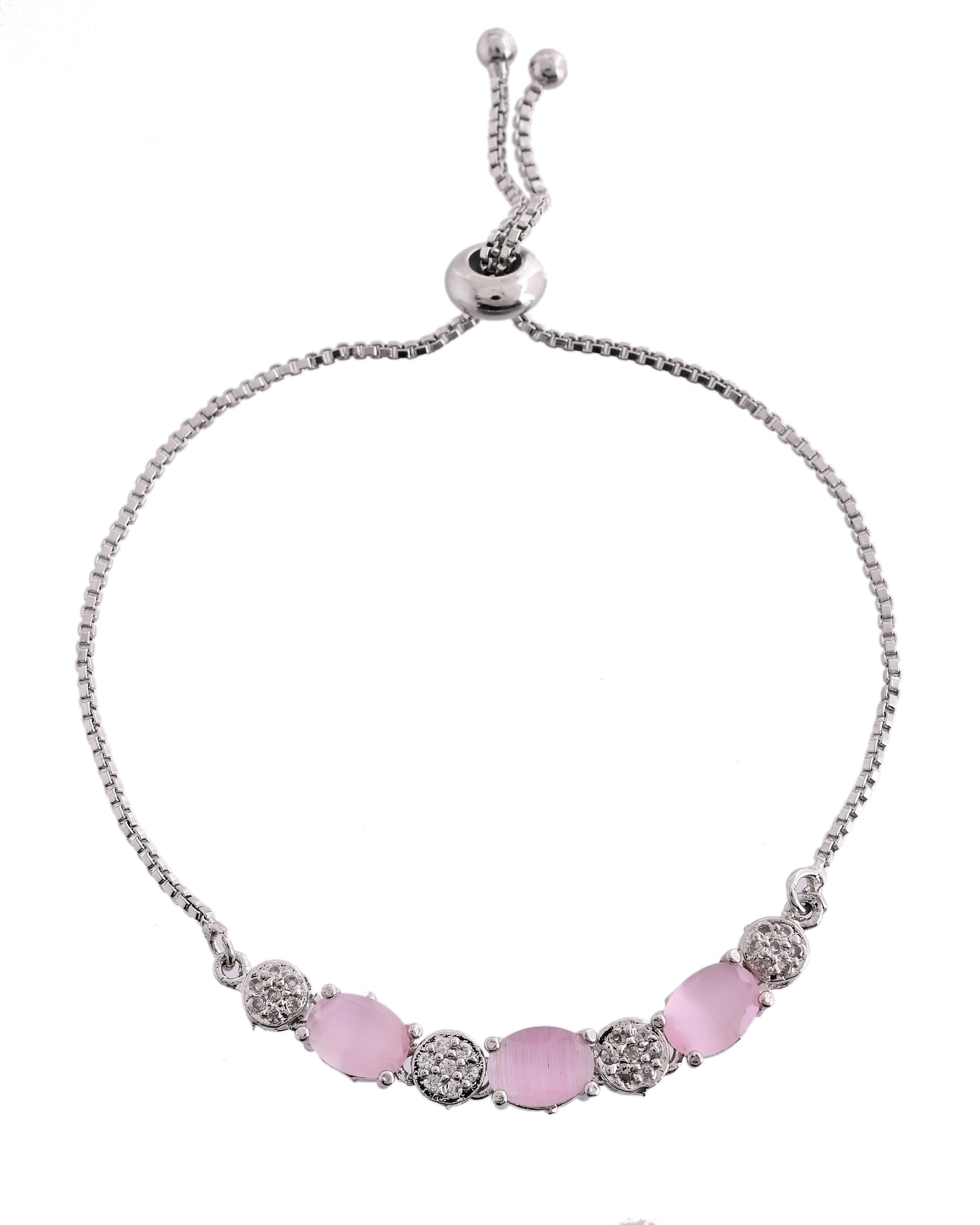 VOJ Silver Plated Baby Pink Stone Studded Necklace With Earrings, Ring And Bracelet Set