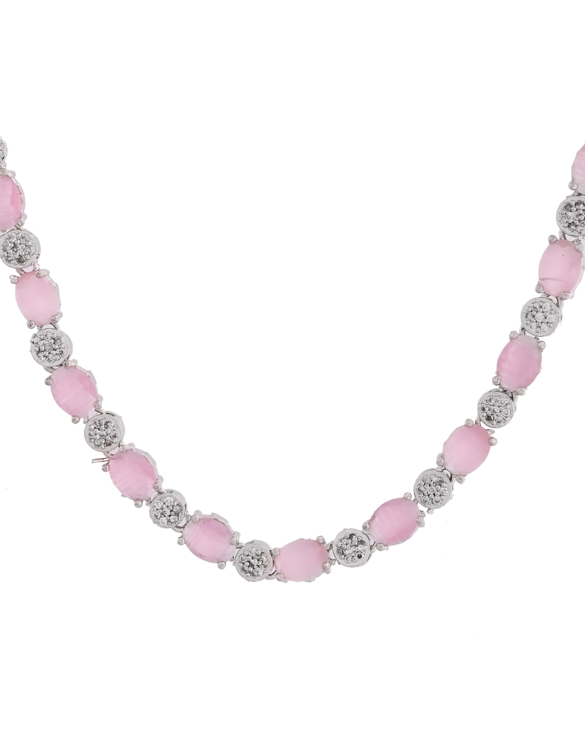 VOJ Silver Plated Baby Pink Stone Studded Necklace With Earrings, Ring And Bracelet Set