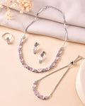 VOJ Silver Plated Baby Pink Stone Studded Necklace With Earrings, Ring And Bracelet Set