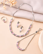 VOJ Silver Plated Baby Pink Stone Studded Necklace With Earrings, Ring And Bracelet Set