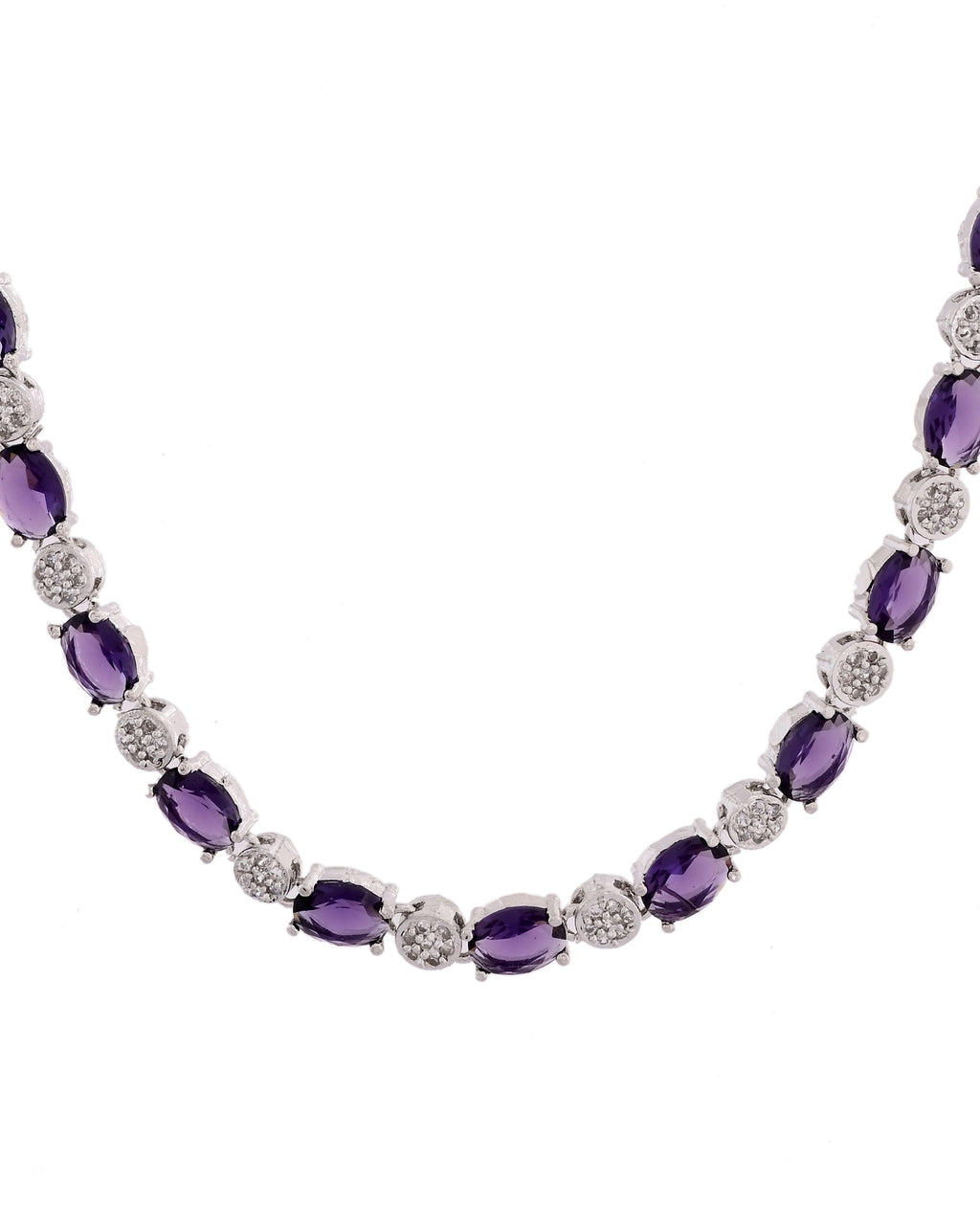 VOJ Silver Plated Purple Stone Studded Necklace With Earrings, Ring And Bracelet Set