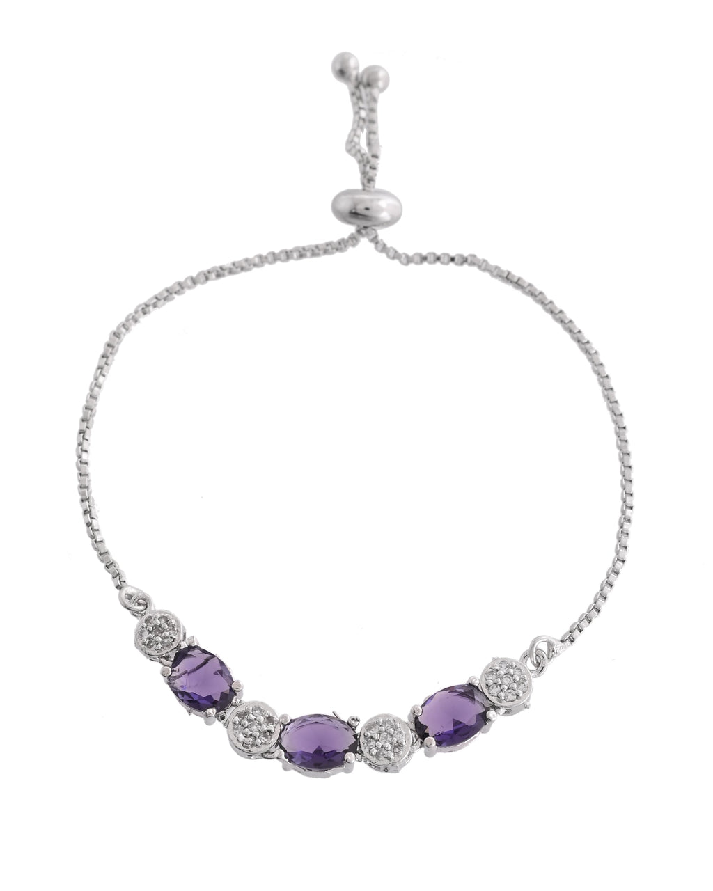 VOJ Silver Plated Purple Stone Studded Necklace With Earrings, Ring And Bracelet Set