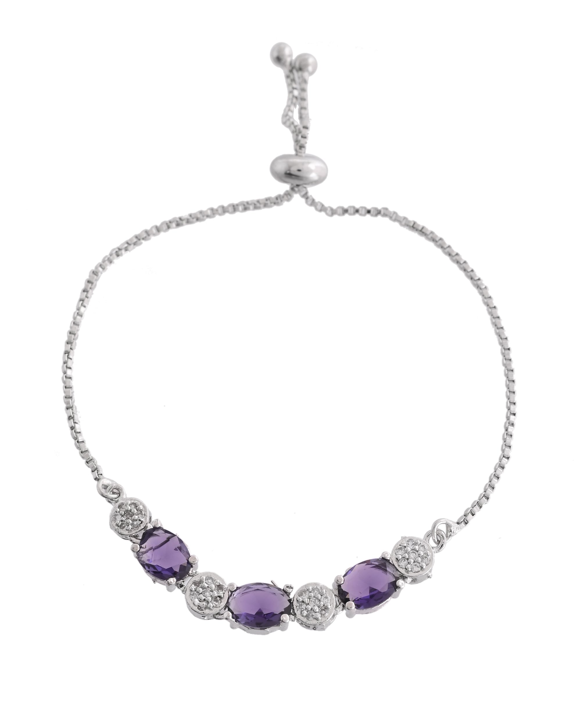 VOJ Silver Plated Purple Stone Studded Necklace With Earrings, Ring And Bracelet Set