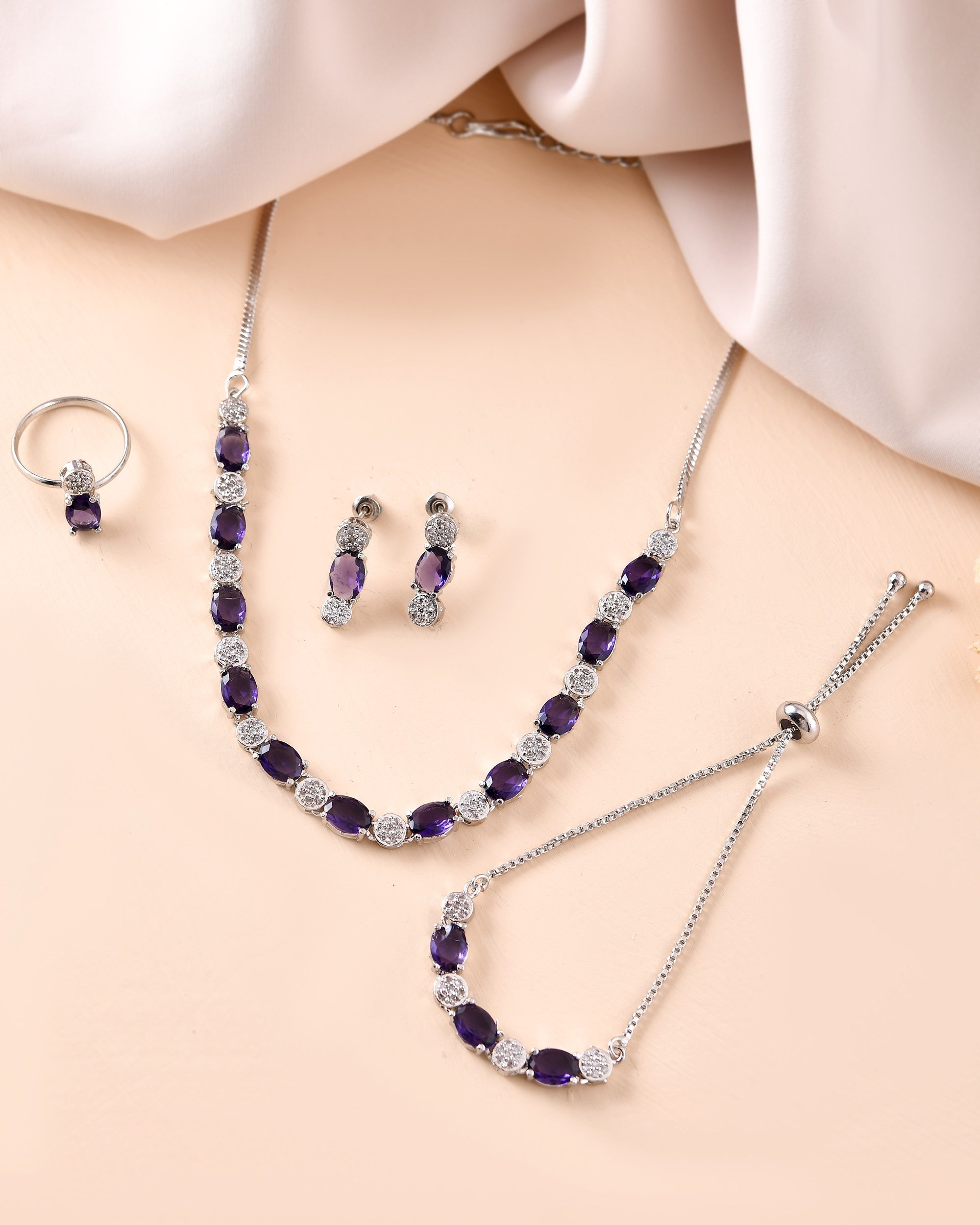 VOJ Silver Plated Purple Stone Studded Necklace With Earrings, Ring And Bracelet Set