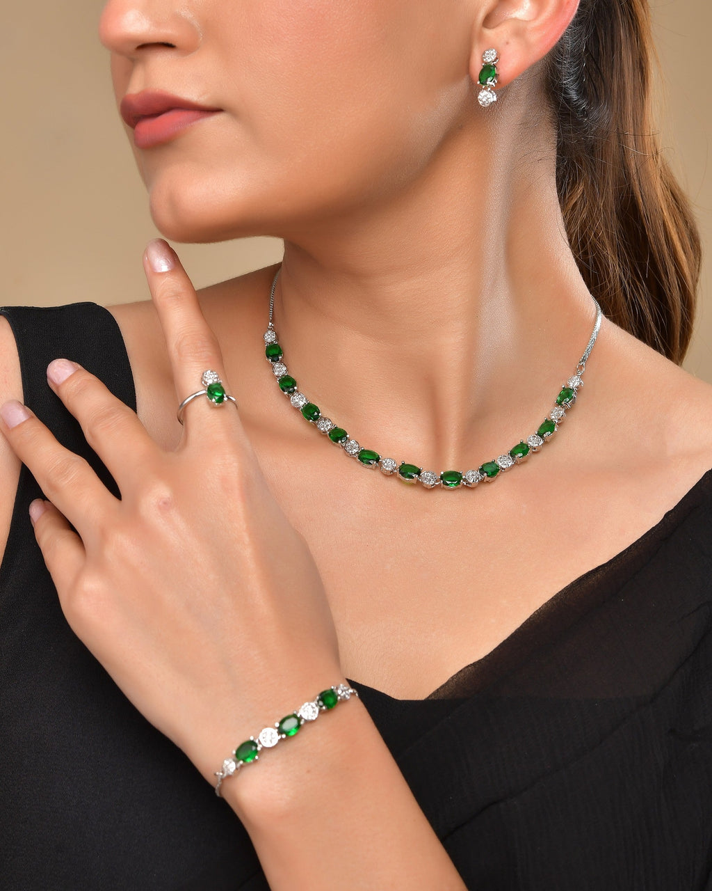 VOJ Silver Plated Green Stone Studded Necklace With Earrings, Ring And Bracelet Set