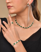 VOJ Silver Plated Green Stone Studded Necklace With Earrings, Ring And Bracelet Set