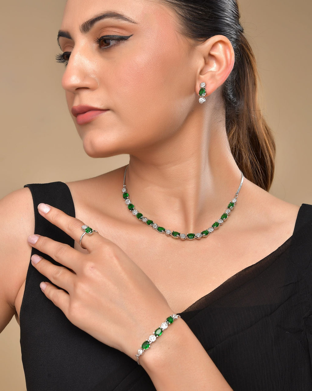 VOJ Silver Plated Green Stone Studded Necklace With Earrings, Ring And Bracelet Set